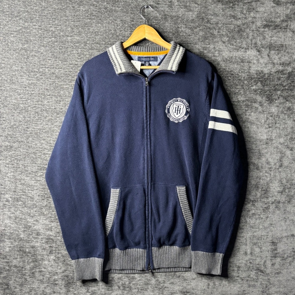 Tommy Hilfiger Mens XXL Navy Blue Full Zip Sweater Crest Logo Striped Preppy Y2K